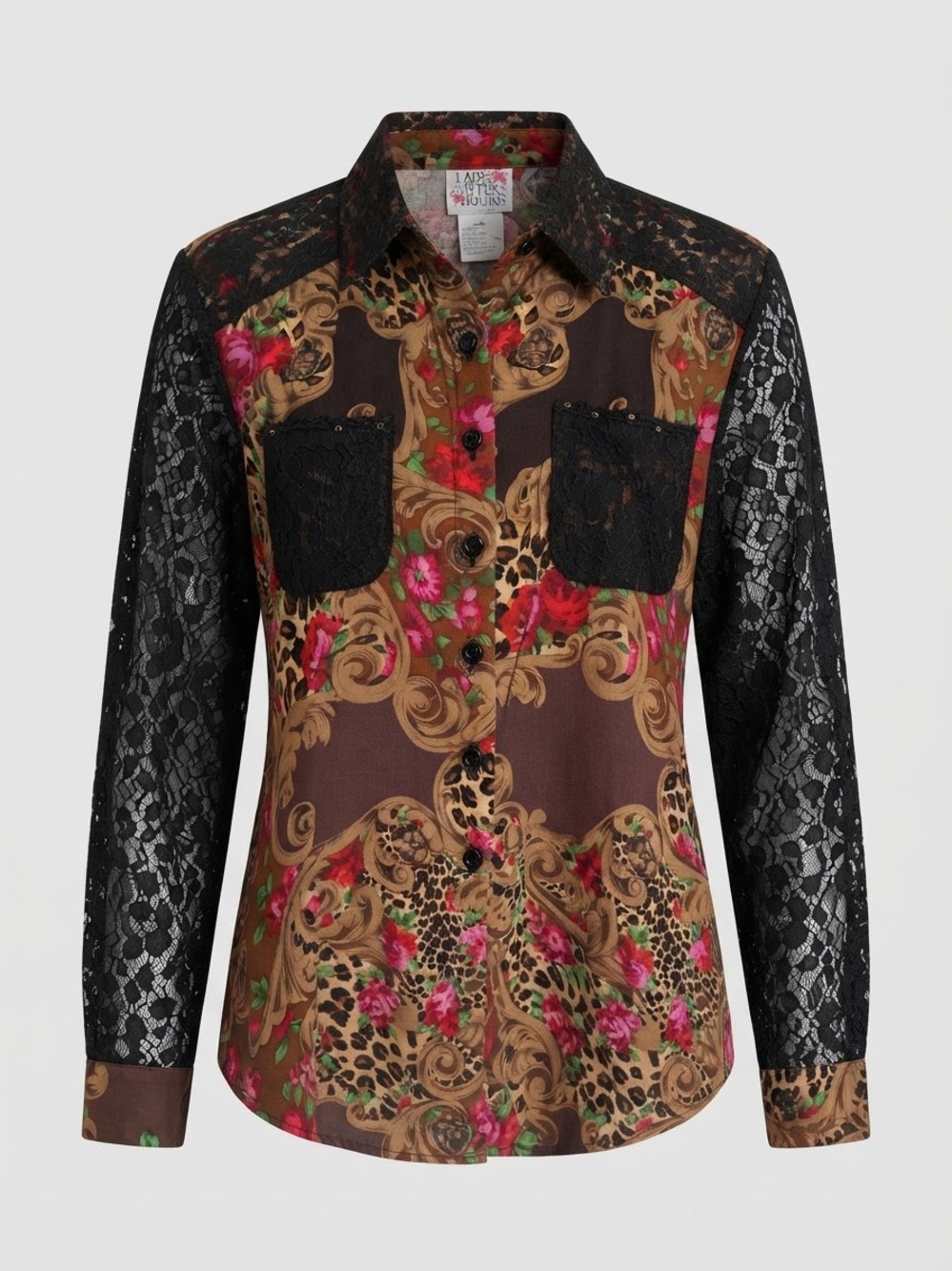 Vintage Lacy Afternoon Baroque Floral Leopard Print Black Lace Button Up Blouse